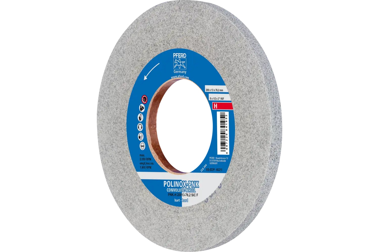 Picture of Pferd Polinox® Convolute Wheel, 8" X 1/2 X 3, Fine, Hard, 9Sf, Silicon Carbide